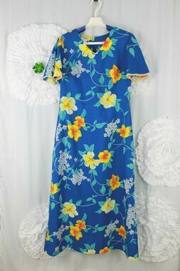 Made In Hawaii Mumu Dress Blue Floral Hibiscus Flutter Sleeve Size 10 Vintage